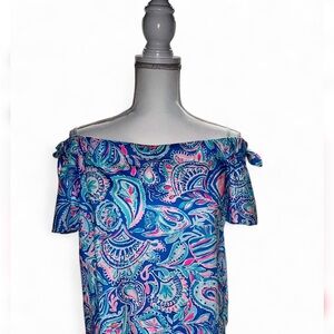 Lilly Pulitzer Blue and Pink Paisley Off-Shoulder Top